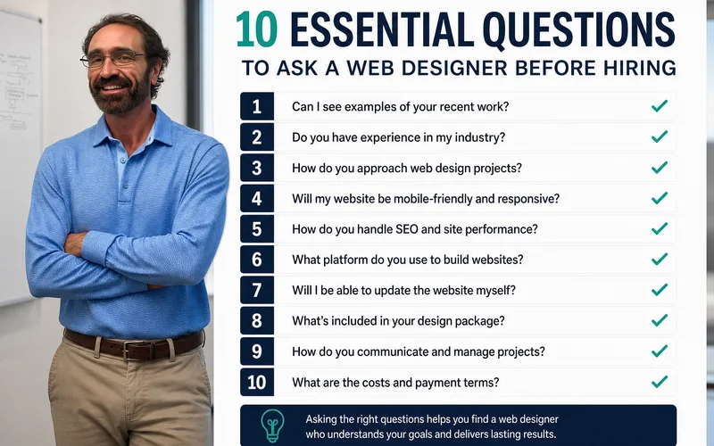 10-question web designer interview checklist with check marks