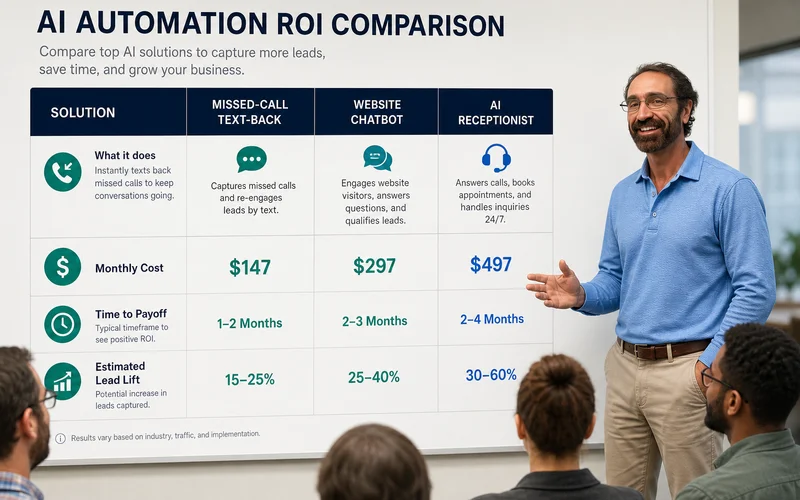 AI automation ROI comparison: missed-call text-back / chatbot / AI receptionist