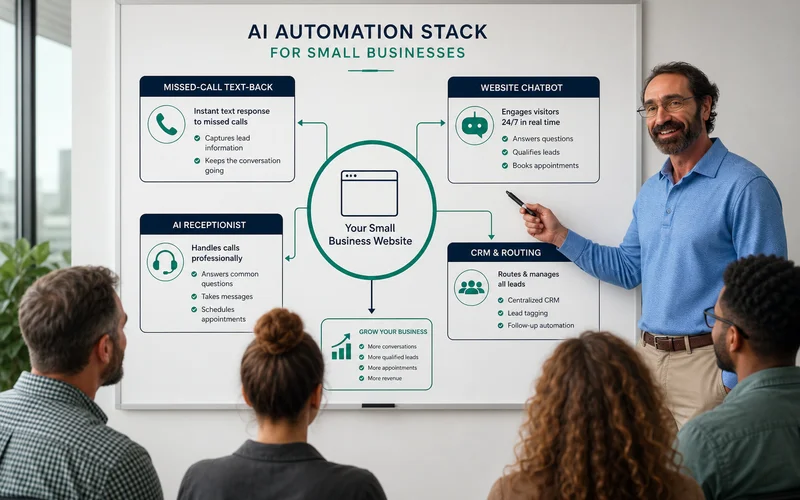 AI automation stack for small business showing tools integrated with the website