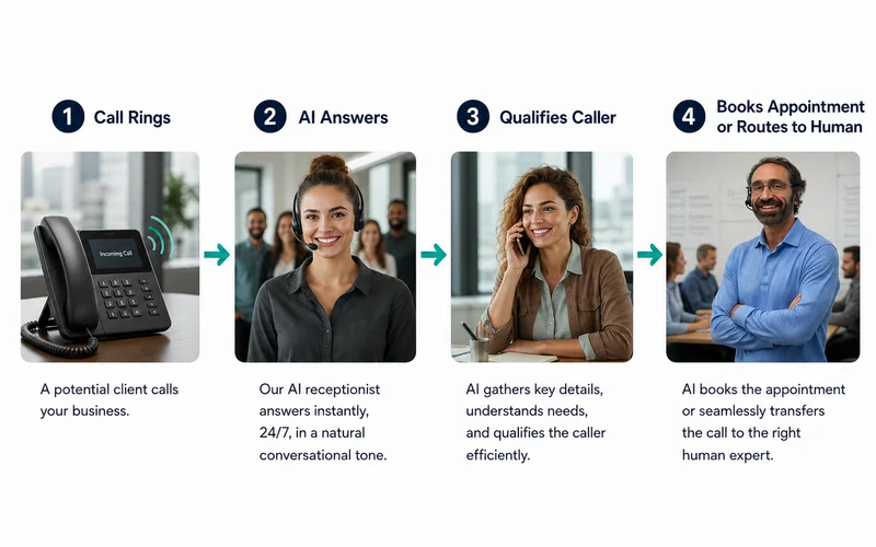 AI receptionist workflow: call rings → AI answers → qualifies → books or routes to human
