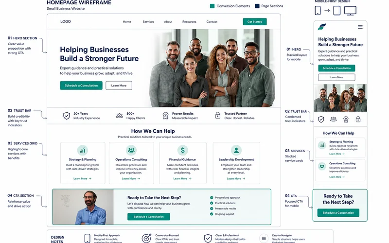 Annotated wireframe of a small business homepage showing hero, trust bar, services grid, CTA
