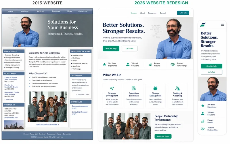 Before/after: dated 2015 small business website vs modern 2026 redesign