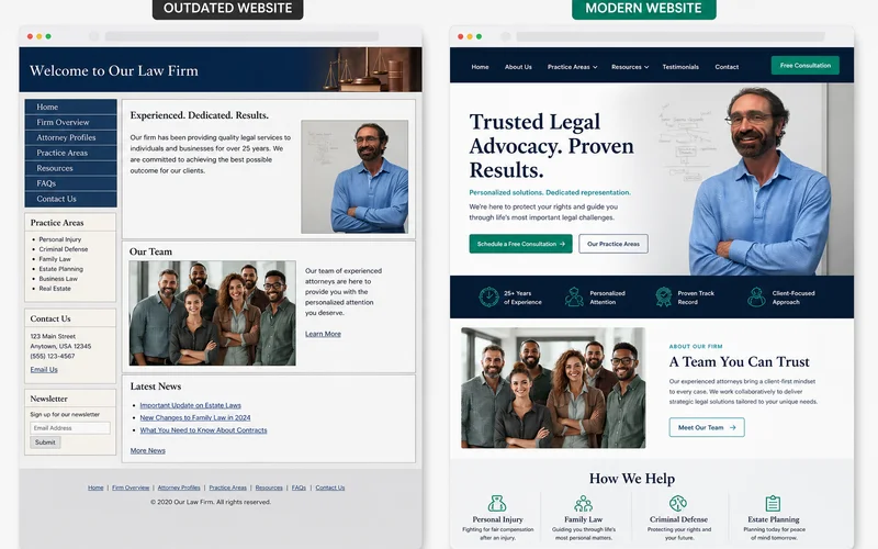 Before-and-after comparison of the Ofarrill Associates website redesign