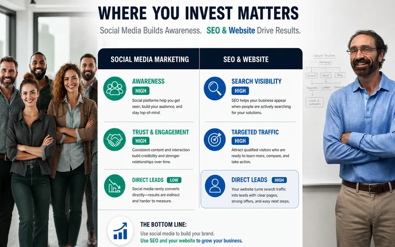 Comparison: social media value (awareness/trust HIGH, direct leads LOW) vs SEO/website value (direct leads HIGH)