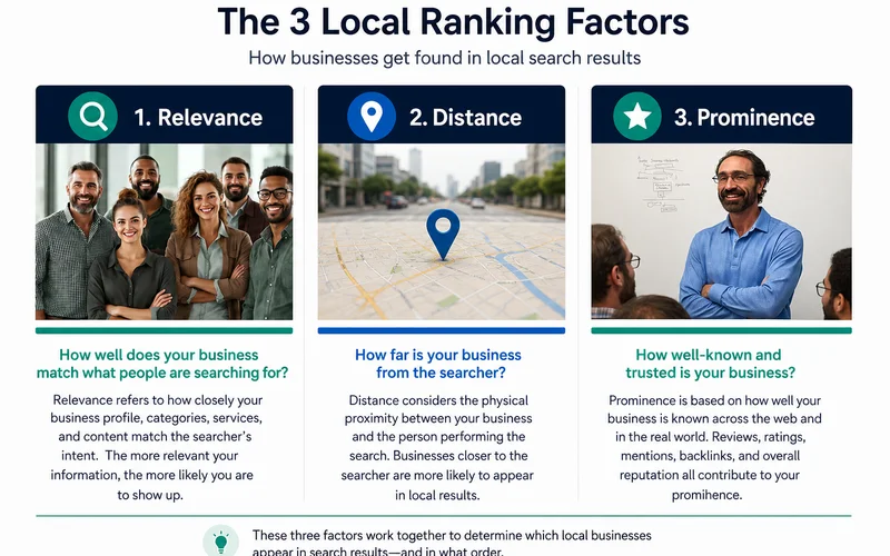 Diagram of Google's local ranking factors: relevance, distance, prominence