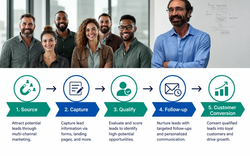 Lead generation flow: source → capture → qualify → follow up → customer