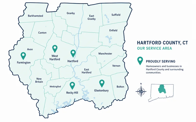 Map of Hartford County with multiple town pins highlighting contractor service-area coverage
