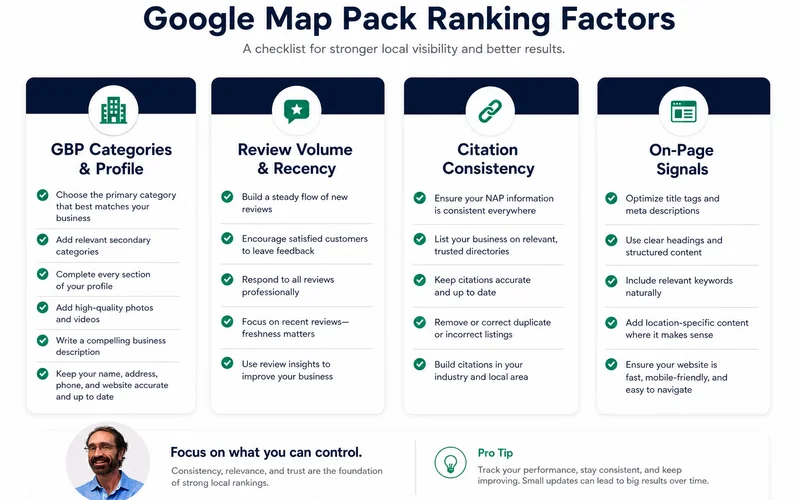 Map Pack ranking factors checklist: GBP, categories, reviews, citations, on-page signals