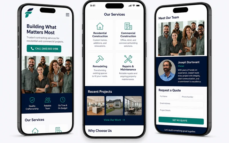 Mobile-first contractor website mockup with hero, click-to-call, service grid, photo gallery, quote form