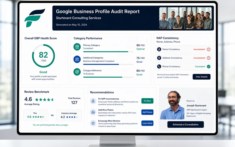 Sample GBP audit report layout with category scores, NAP issues, review benchmarks