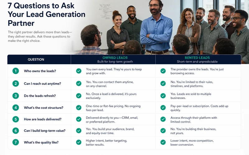 7-question lead generation partner checklist with owned-vs-rented column