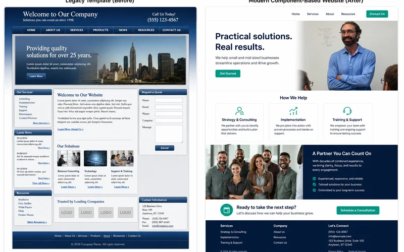 Comparison of heavy legacy template vs lightweight modern small business website