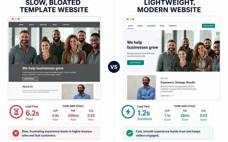 Comparison: slow bloated template vs lightweight modern site with Core Web Vitals scores