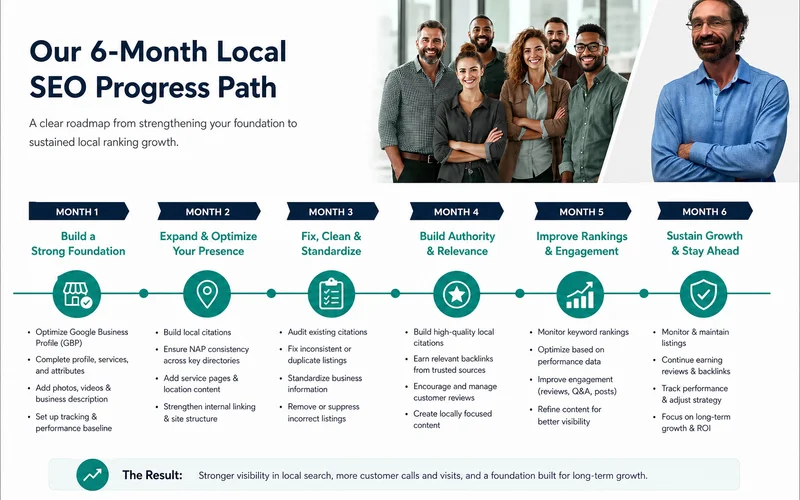 6-month local SEO timeline: month-by-month milestones from GBP improvements to ranking gains