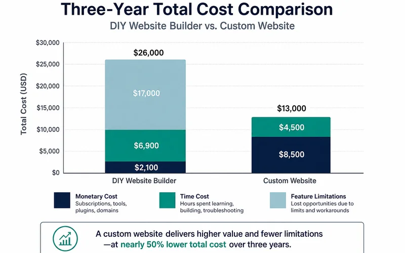 3-year cost comparison: DIY builder vs custom website including time cost and feature limits