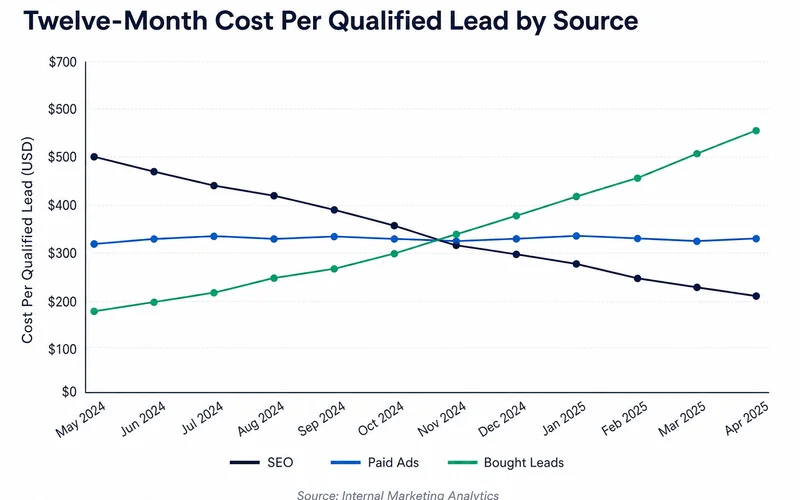 12-month chart: cost per qualified lead by source (SEO drops, ads flat, bought rises)