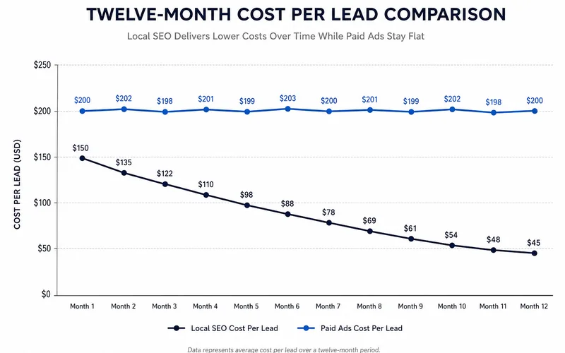 12-month cost-per-lead chart: Google Ads (flat) vs Local SEO (declining)