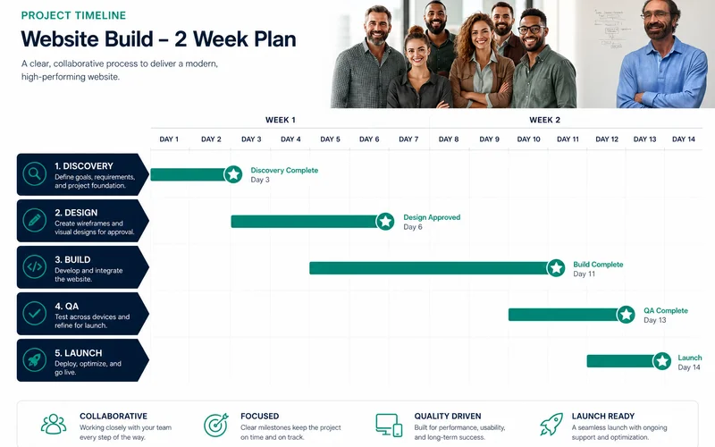 Visual 2-week project timeline: discovery, design, build, QA, launch with day-by-day markers
