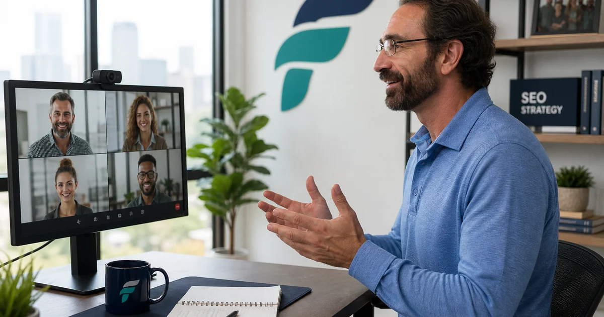 Business owner interviewing SEO consultant over a video call with notebook
