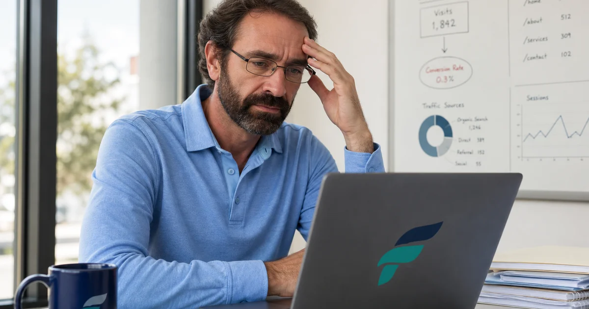 Business owner reviewing website analytics showing high traffic but low conversion