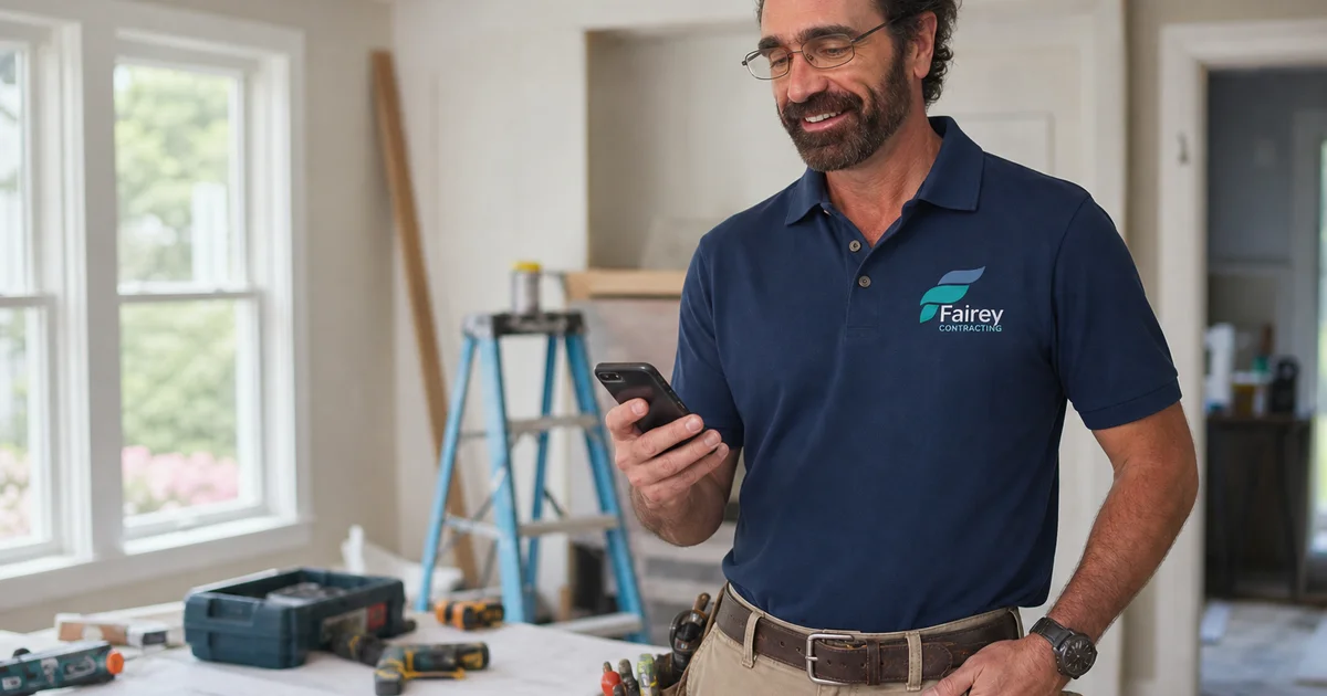 Connecticut contractor reading new lead notification on phone at job site