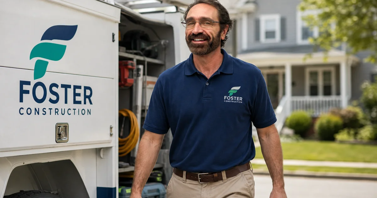 Connecticut contractor in branded uniform stepping out of work truck