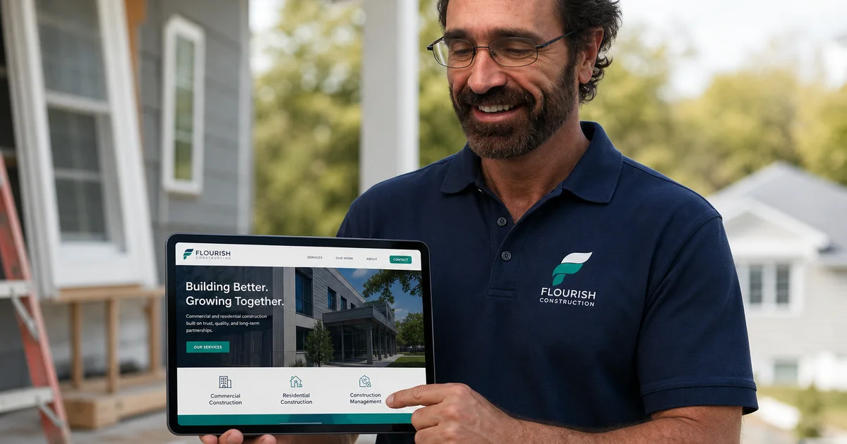 Connecticut contractor reviewing his new website on a tablet at a residential job site