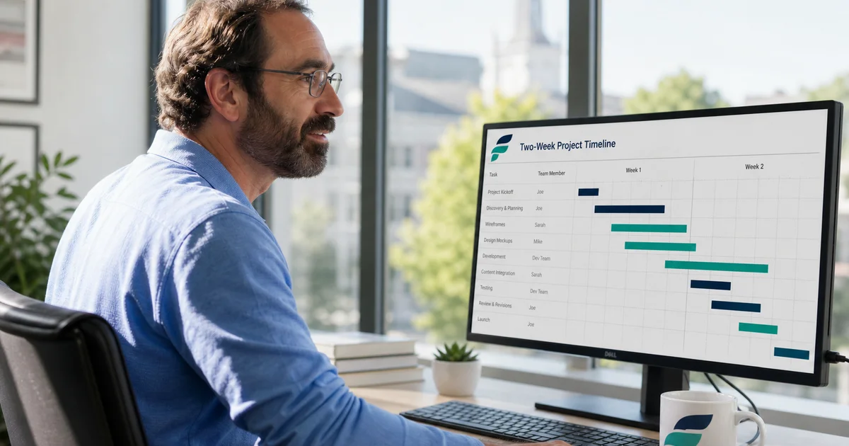 Web designer at desk reviewing a two-week project timeline on screen