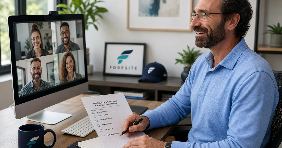 CT business owner on a video call interviewing a web designer with a checklist