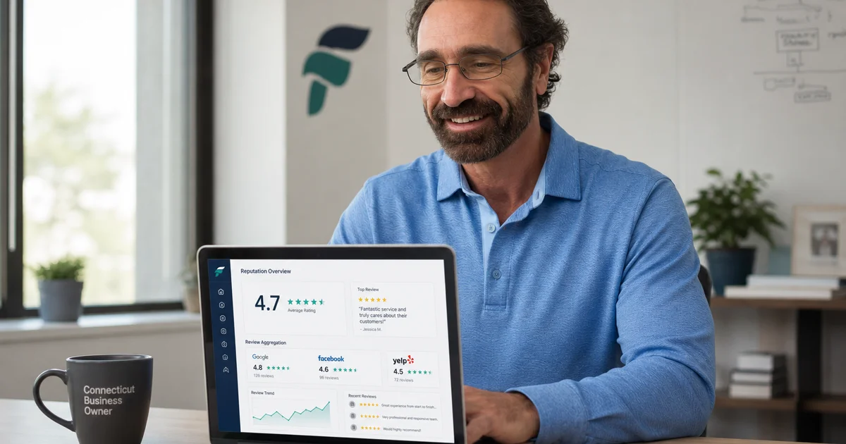 Dashboard showing reviews across Google, Facebook, Yelp on laptop