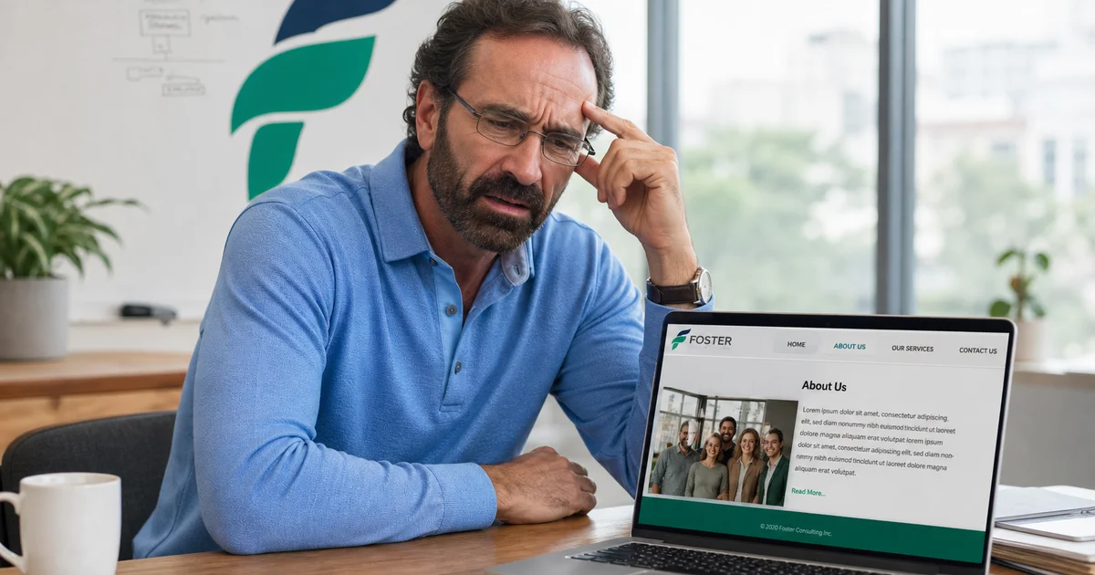 Frustrated small business owner looking at an outdated website on laptop