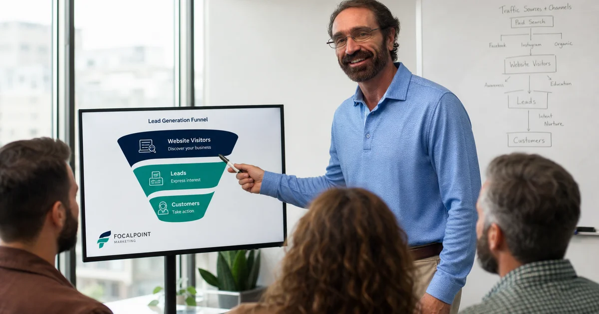 Funnel diagram showing visitors becoming leads becoming customers