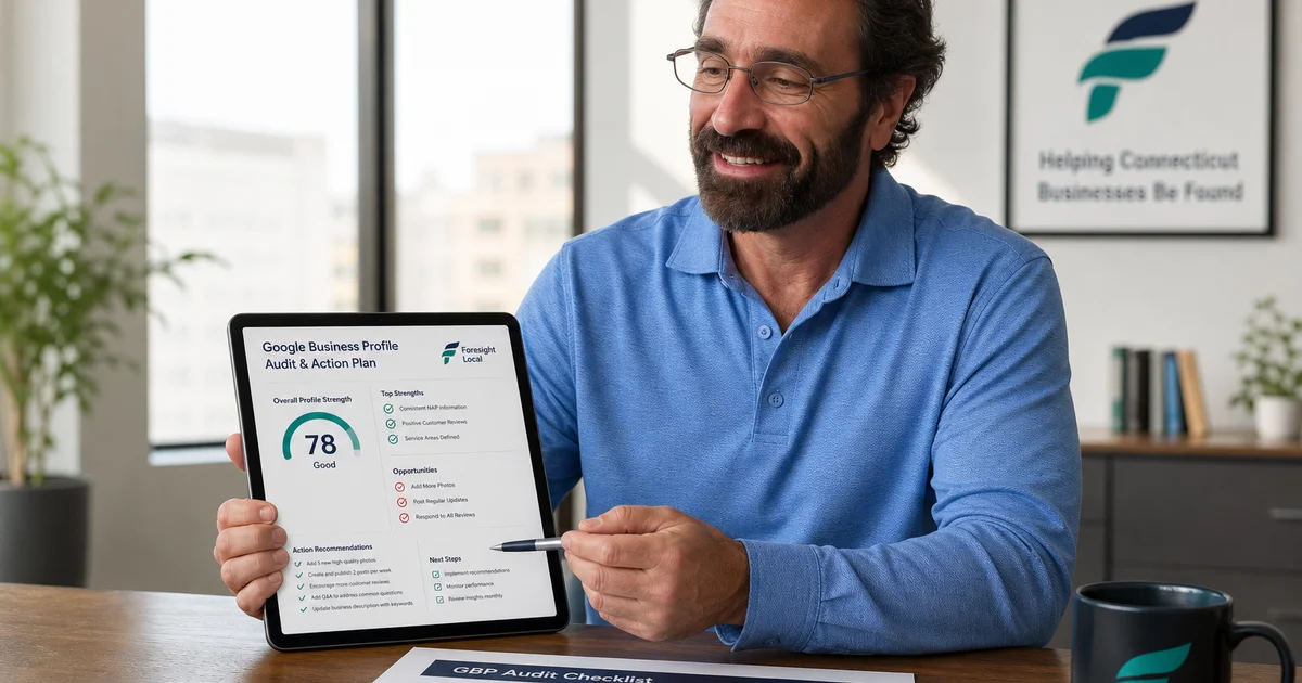 GBP audit report on tablet with checklist and recommendations