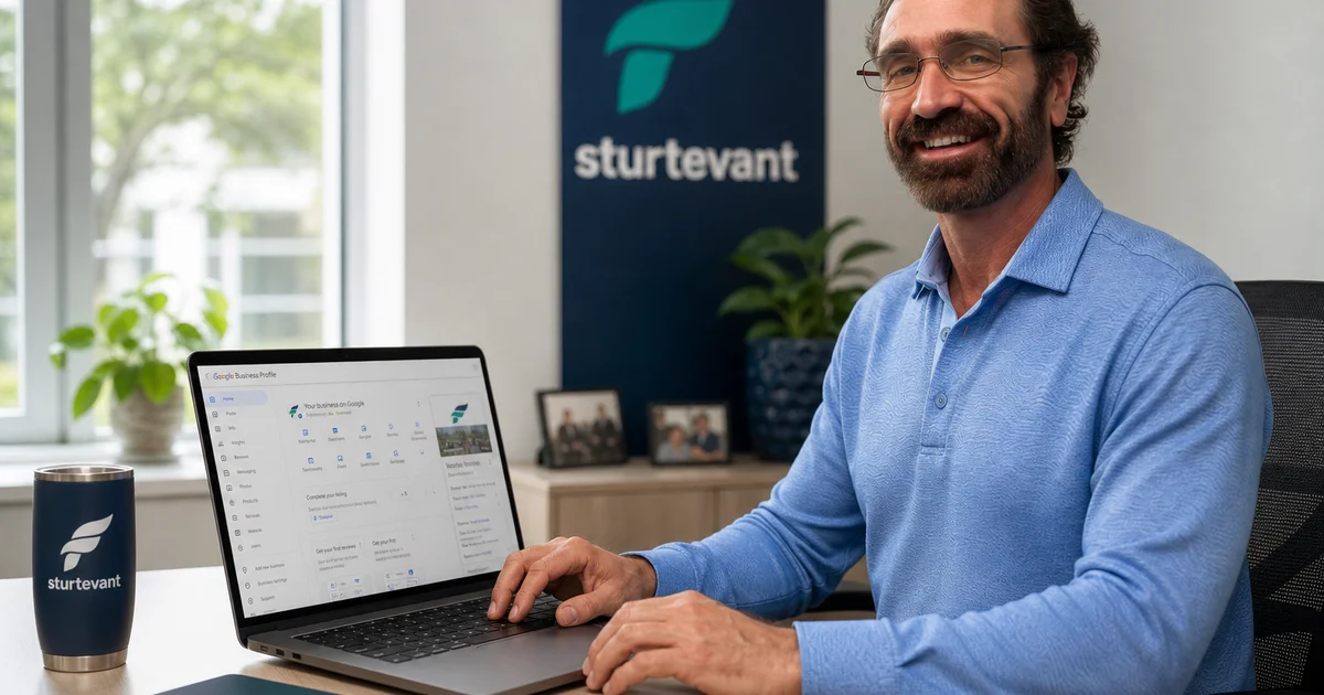 Local business owner setting up Google Business Profile on laptop