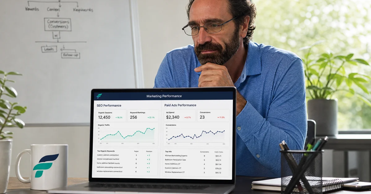 Marketing dashboard showing SEO vs PPC performance side by side