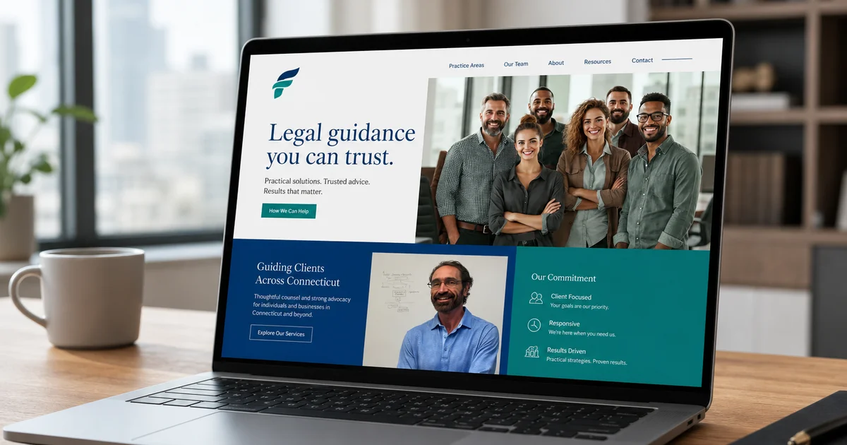 Ofarrill Associates law firm homepage on laptop in modern office