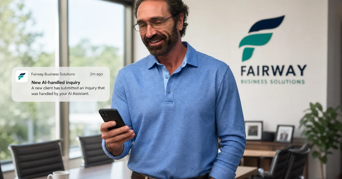 Small business owner receiving AI-handled inquiry notification on smartphone