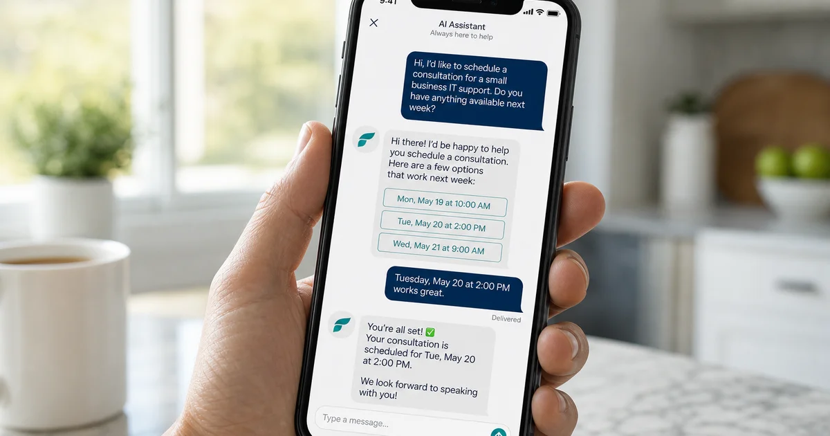 Smartphone showing AI chatbot booking an appointment with a local business after hours