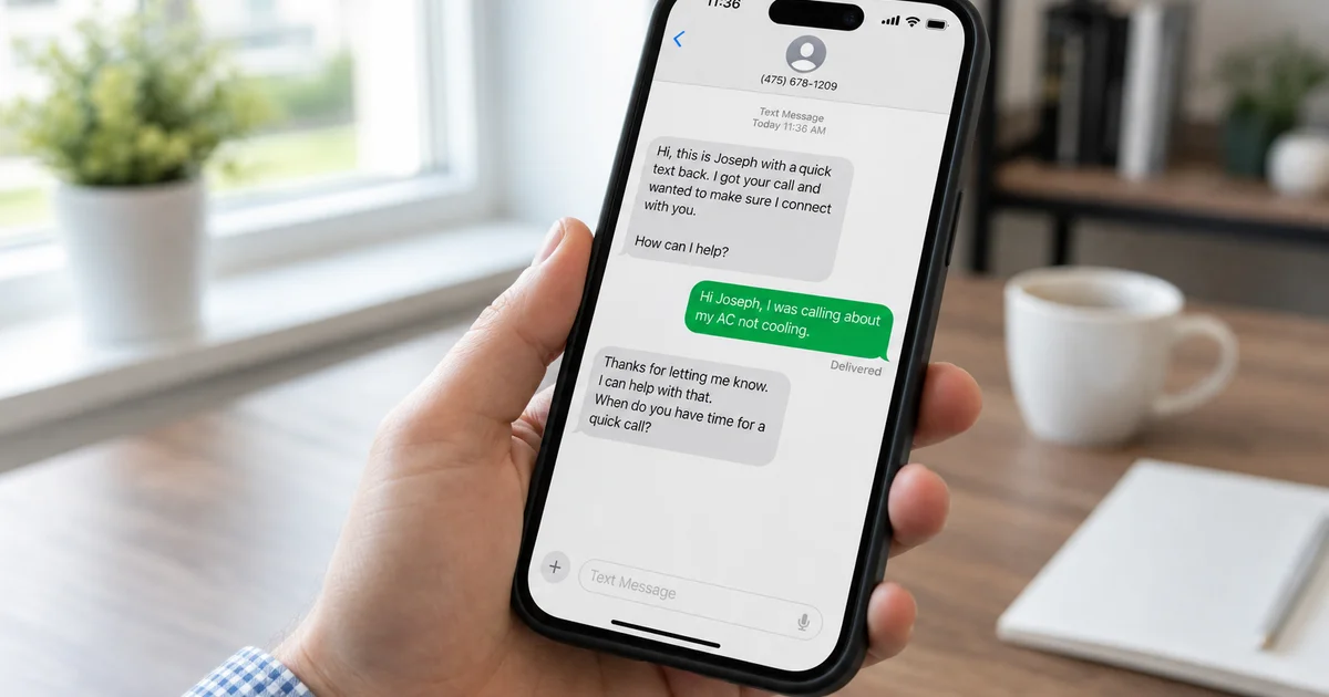 Smartphone showing instant SMS reply from local business after missed call