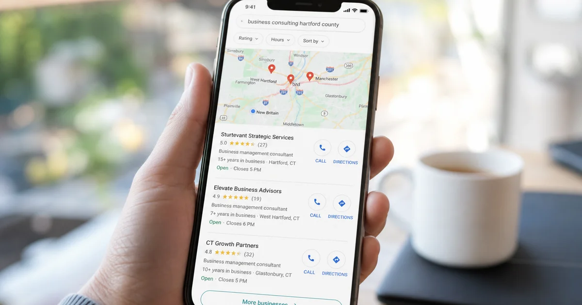 Smartphone showing top 3 local businesses in Google Map Pack