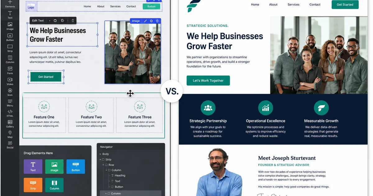 Split-screen comparison: drag-and-drop builder editor on left, clean custom-built site on right