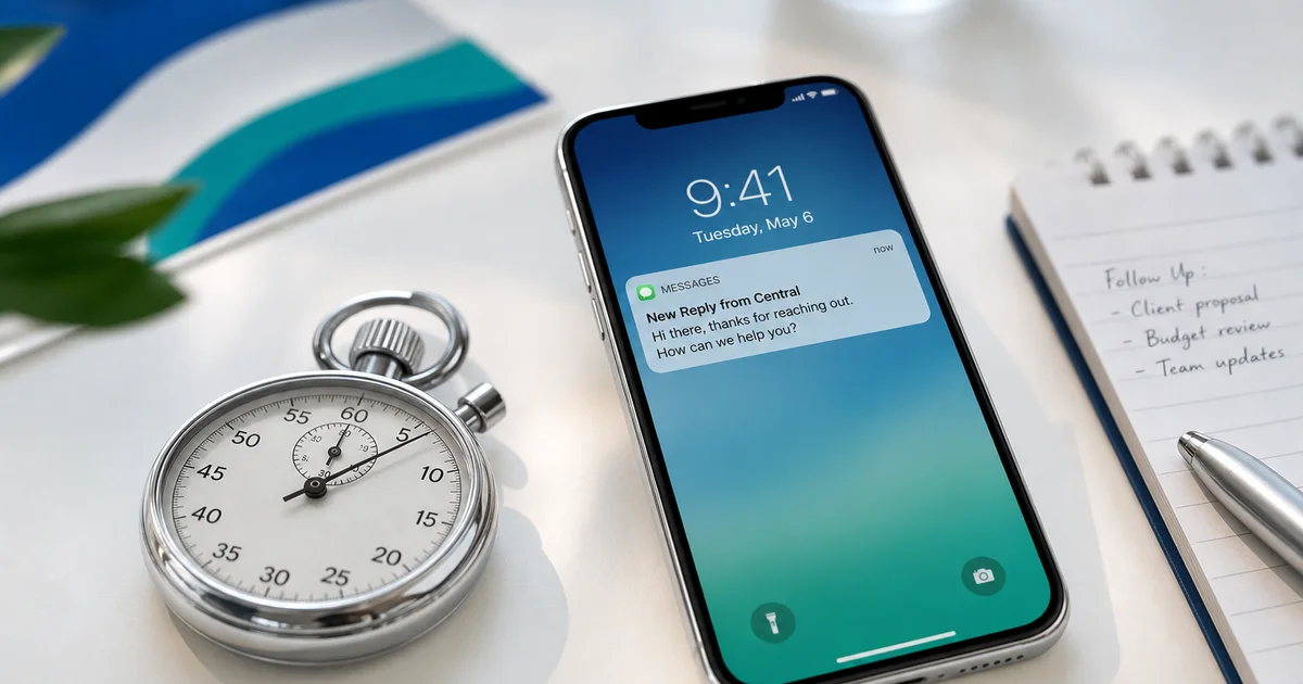 Stopwatch and smartphone showing instant text reply notification