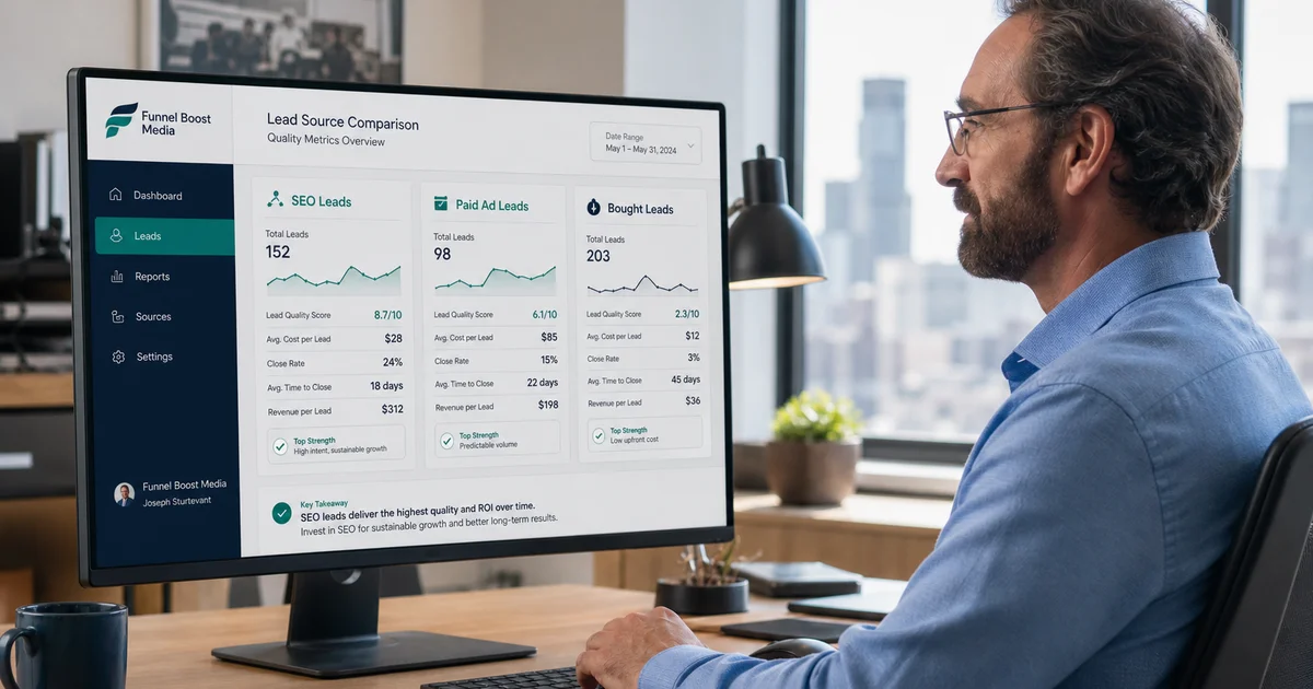 Three-way comparison dashboard: SEO leads vs paid ads vs bought leads